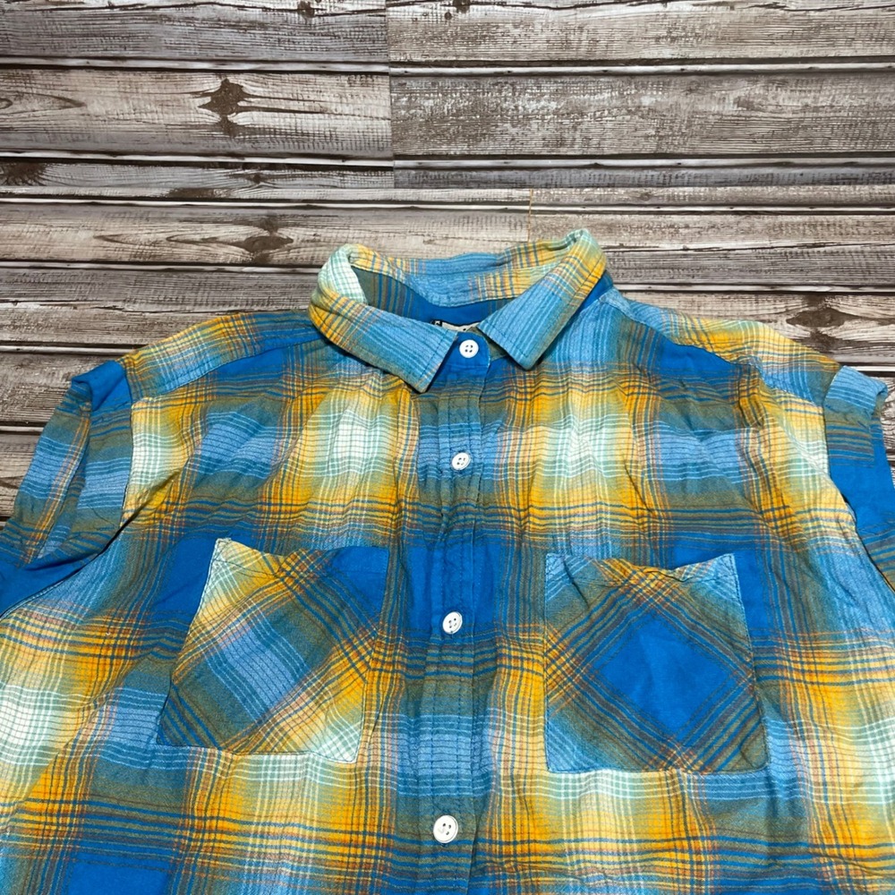 Kavu Blue & Yellow‎ Plaid Sleeveless Button Down Shirt Top Medium